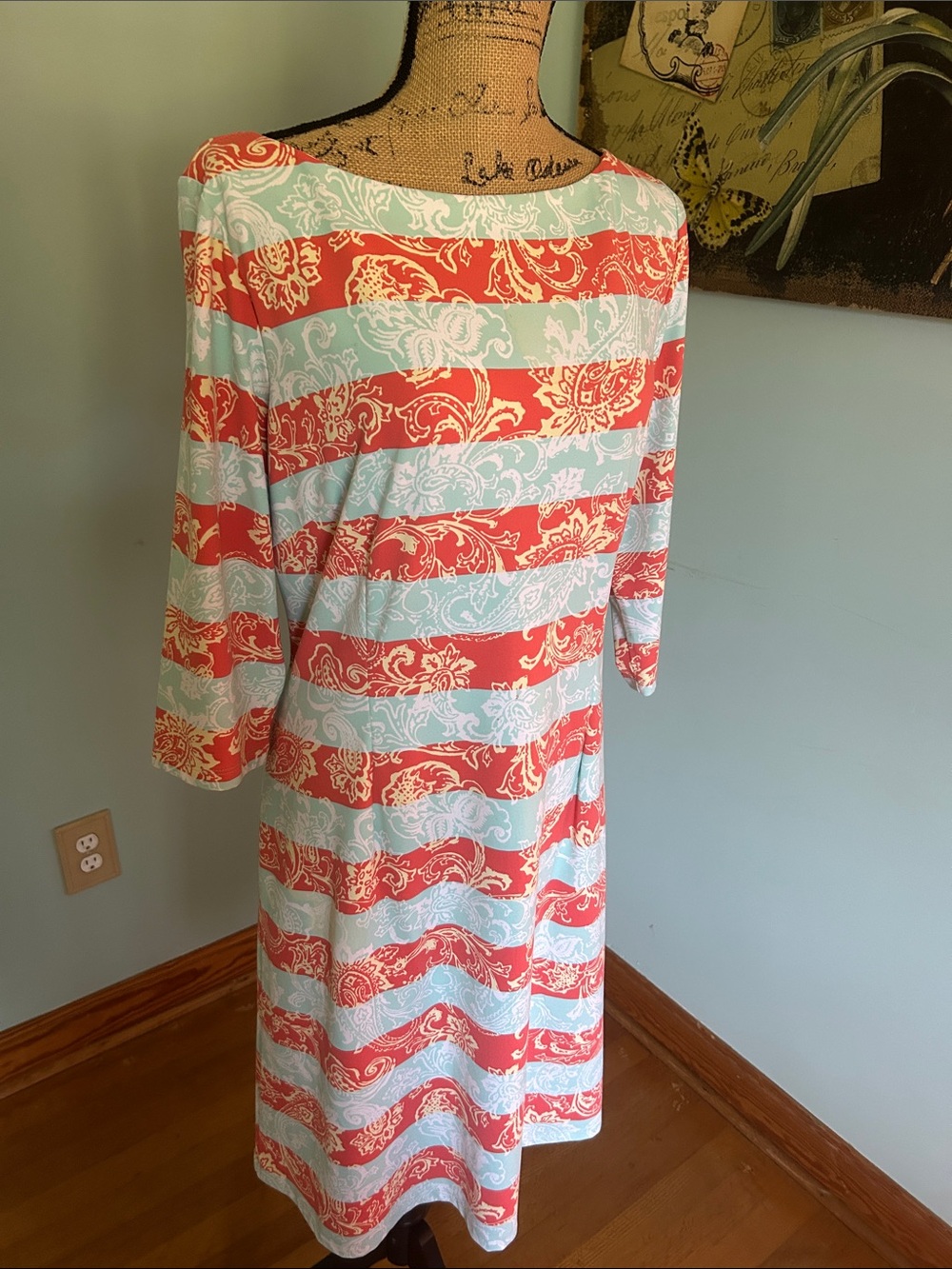 Striped Floral-Print Midi Dress in Coral and Light Blue